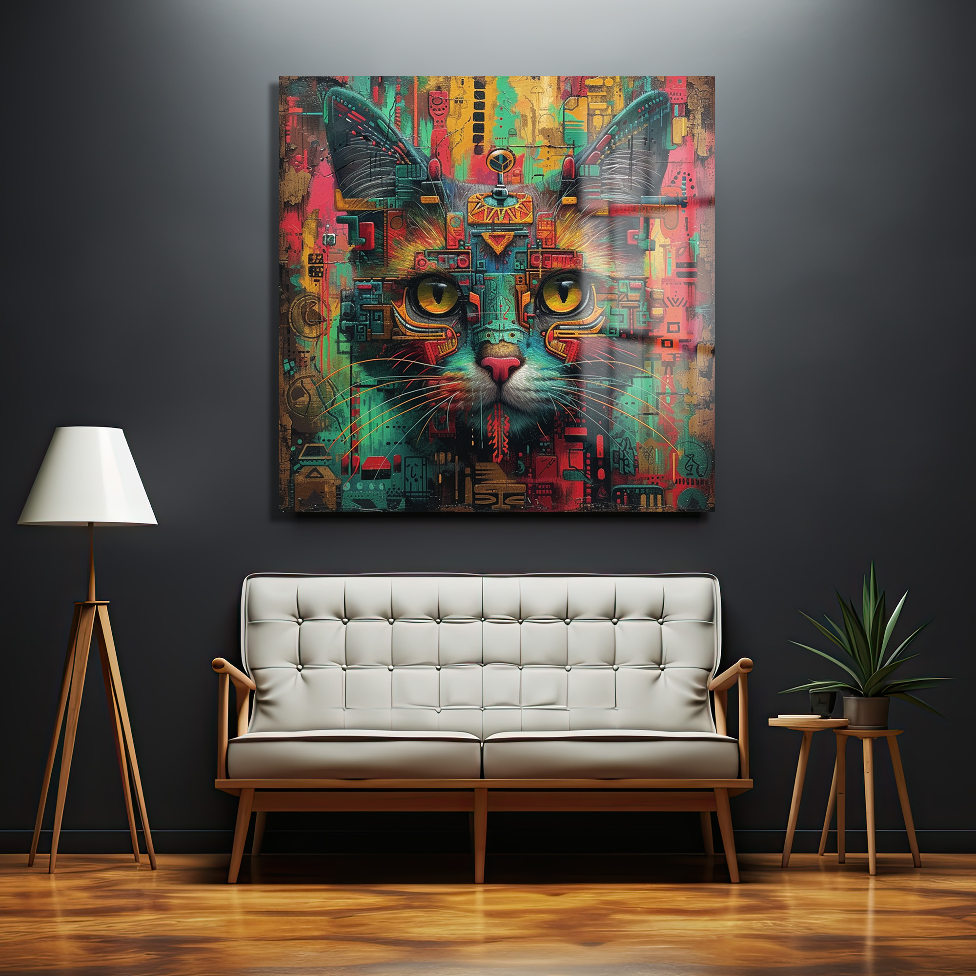 Sibernetik Kedi: Canlı Renklerle Modern Cam Tablo Duvar Dekoru Sibernetik Kedi: Canlı Renklerle Modern Cam Tablo - Görsel 2