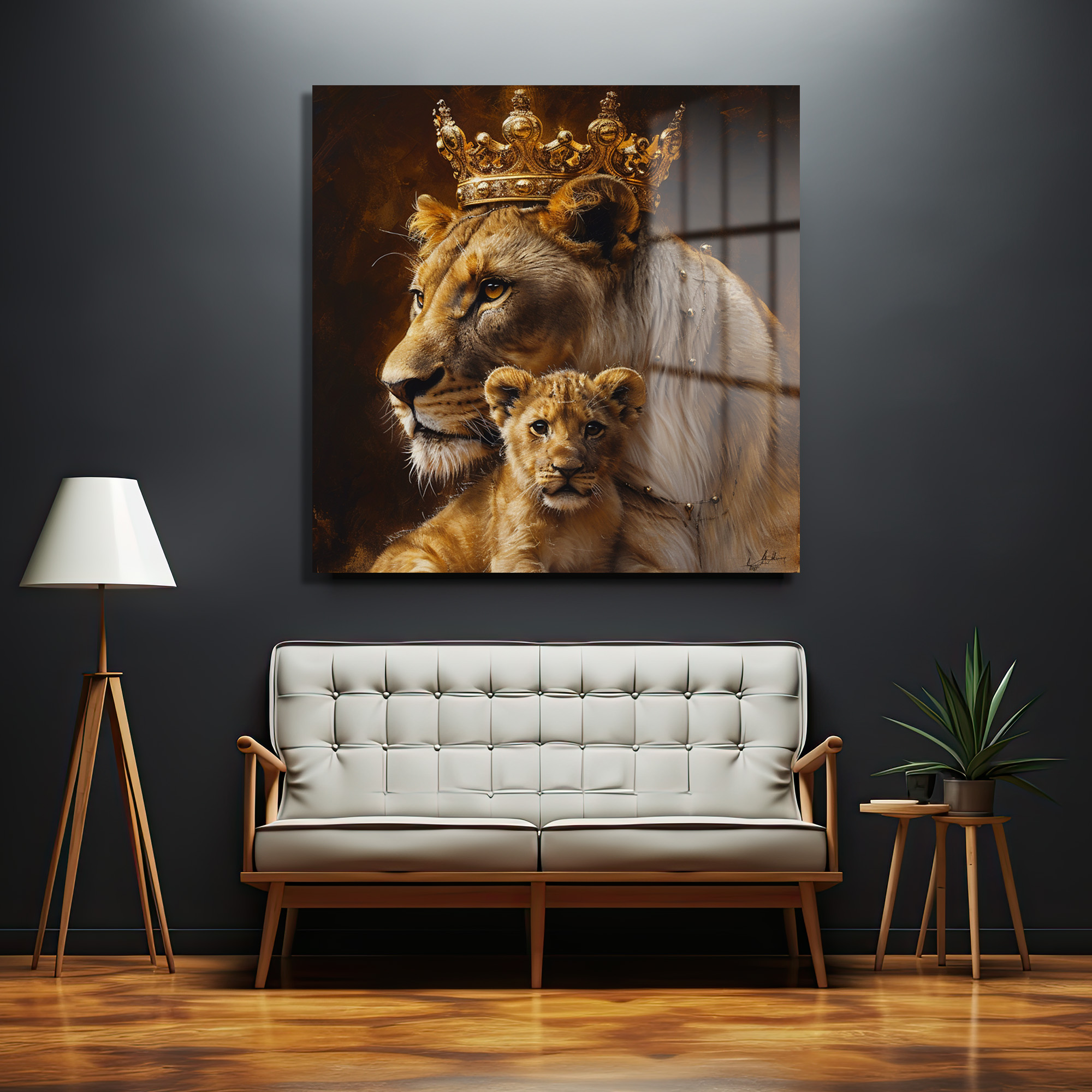 Taçlı Aslan Anne ve Yavrusu Regal Cam Tablo Duvar Dekoru Taçlı Aslan Anne ve Yavrusu Regal Cam Tablo - Görsel 2