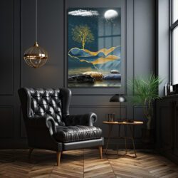 Büyüleyici Ay Işığı ve Altın Ağaç Soyut Manzara Cam Tablo Dekoratif Cam Tablo