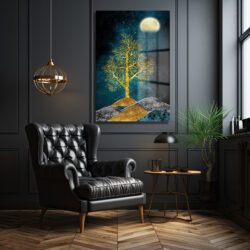 Mistik Ay Işığı ve Altın Ağaç Cam Tablo Duvar Dekoru Mistik Ay Işığı ve Altın Ağaç Cam Tablo Dekoratif Cam Tablo
