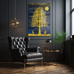 Büyüleyici Altın Ağaç ve Geyikler Cam Tablo Duvar Dekoru Büyüleyici Altın Ağaç ve Geyikler Cam Tablo Dekoratif Cam Tablo