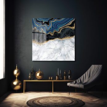 Lüks Geode Mavi ve Altın Desenli Modern Cam Tablo - Glazella
