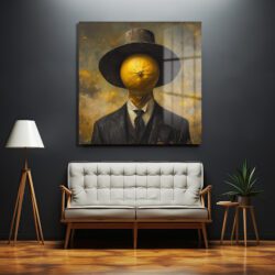 Portakal Kafalı Şapkalı Adam Cam Tablo - Sürreal Sanat Eseri Duvar Dekoru Portakal Kafalı Şapkalı Adam Cam Tablo - Sürreal Sanat Eseri Dekoratif Cam Tablo