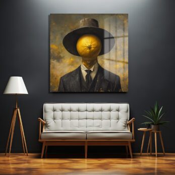 Portakal Kafalı Şapkalı Adam Cam Tablo - Sürreal Sanat Eseri - Glazella Portakal Kafalı Şapkalı Adam Cam Tablo - Sürreal Sanat Eseri - Glazella