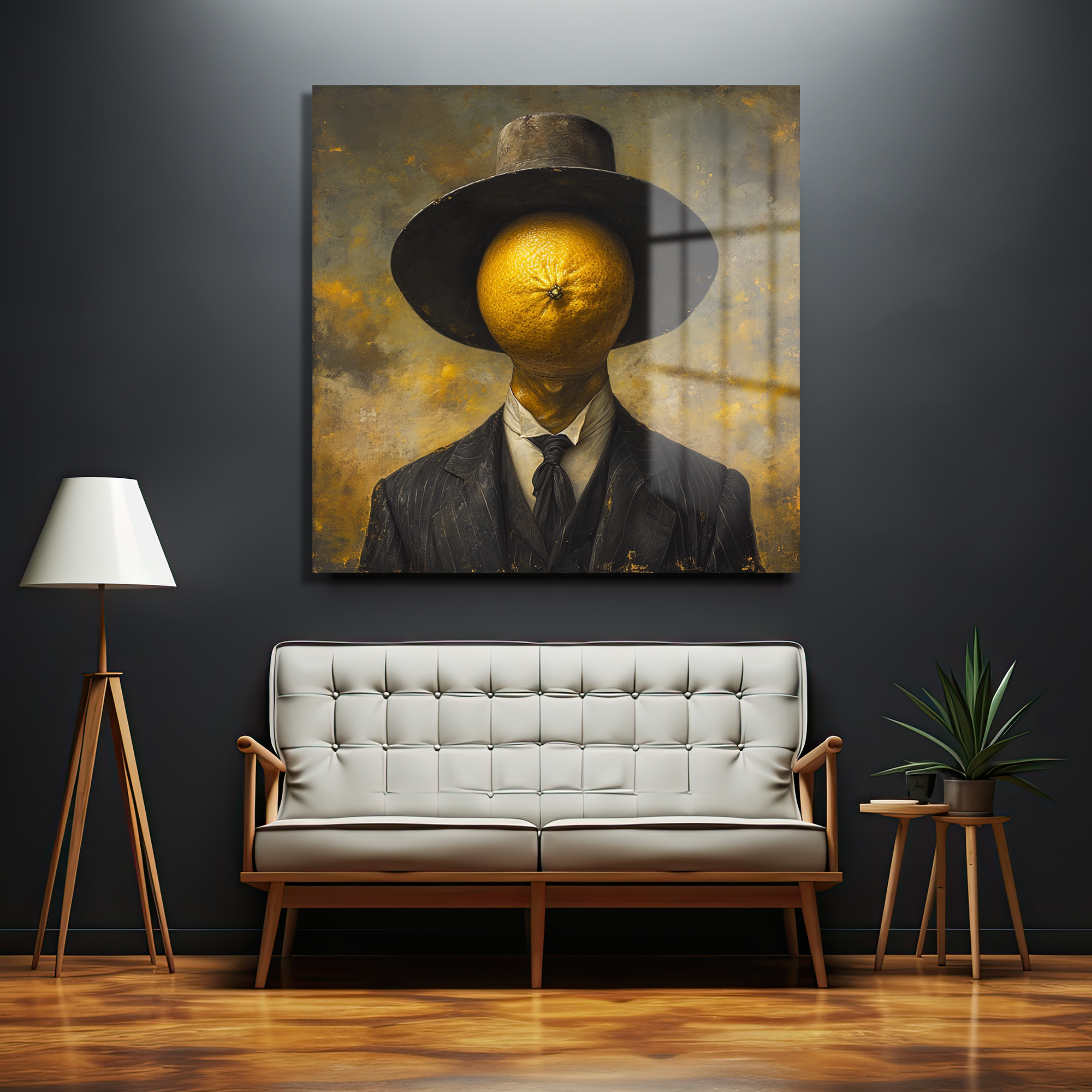 Portakal Kafalı Şapkalı Adam Cam Tablo - Sürreal Sanat Eseri Duvar Dekoru Portakal Kafalı Şapkalı Adam Cam Tablo - Sürreal Sanat Eseri - Görsel 2