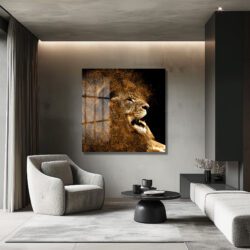 Altın Parçacıklı Kükreyen Aslan Cam Tablo Duvar Dekoru Altın Parçacıklı Kükreyen Aslan Cam Tablo Dekoratif Cam Tablo