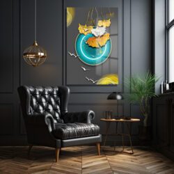 Ginkgo Yaprakları ve Teal Çemberli Modern Sanat Cam Tablo Duvar Dekoru Ginkgo Yaprakları ve Teal Çemberli Modern Sanat Cam Tablo Dekoratif Cam Tablo