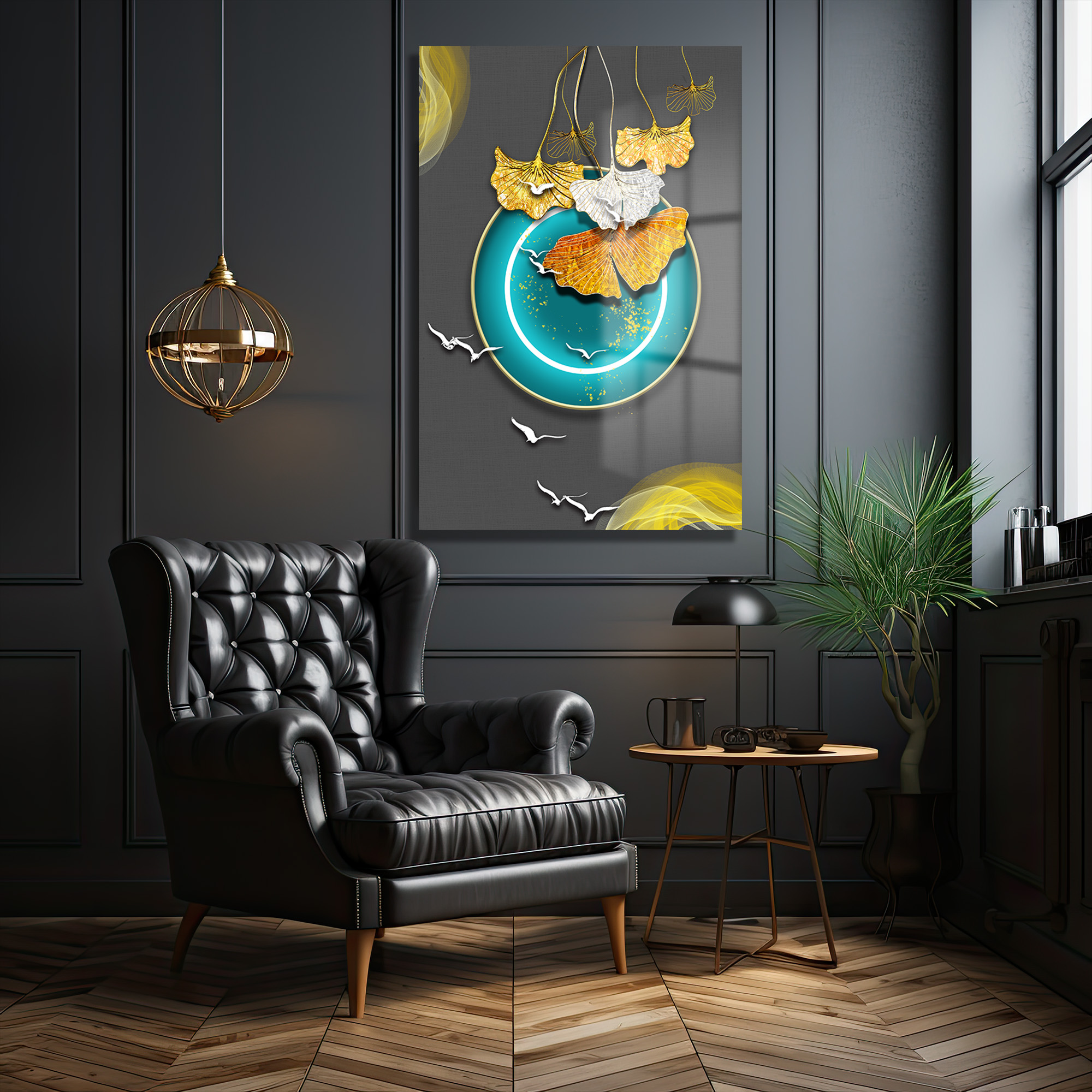 Ginkgo Yaprakları ve Teal Çemberli Modern Sanat Cam Tablo Duvar Dekoru Ginkgo Yaprakları ve Teal Çemberli Modern Sanat Cam Tablo - Görsel 4
