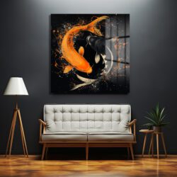 Koi Balığı Yin-Yang Sanatsal Sıçramalar Cam Tablo Duvar Dekoru Koi Balığı Yin-Yang Sanatsal Sıçramalar Cam Tablo Dekoratif Cam Tablo