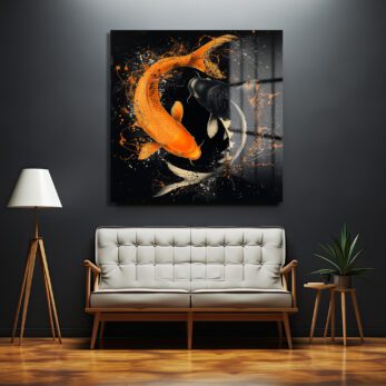 Koi Balığı Yin-Yang Sanatsal Sıçramalar Cam Tablo - Glazella Koi Balığı Yin-Yang Sanatsal Sıçramalar Cam Tablo - Glazella