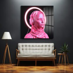 Pembe Neon Haleli Fütüristik Kadın Cam Tablo Duvar Dekoru Pembe Neon Haleli Fütüristik Kadın Cam Tablo Dekoratif Cam Tablo