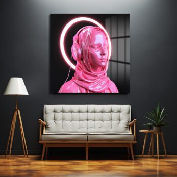 Pembe Neon Haleli Fütüristik Kadın Cam Tablo - Glazella Pembe Neon Haleli Fütüristik Kadın Cam Tablo - Glazella