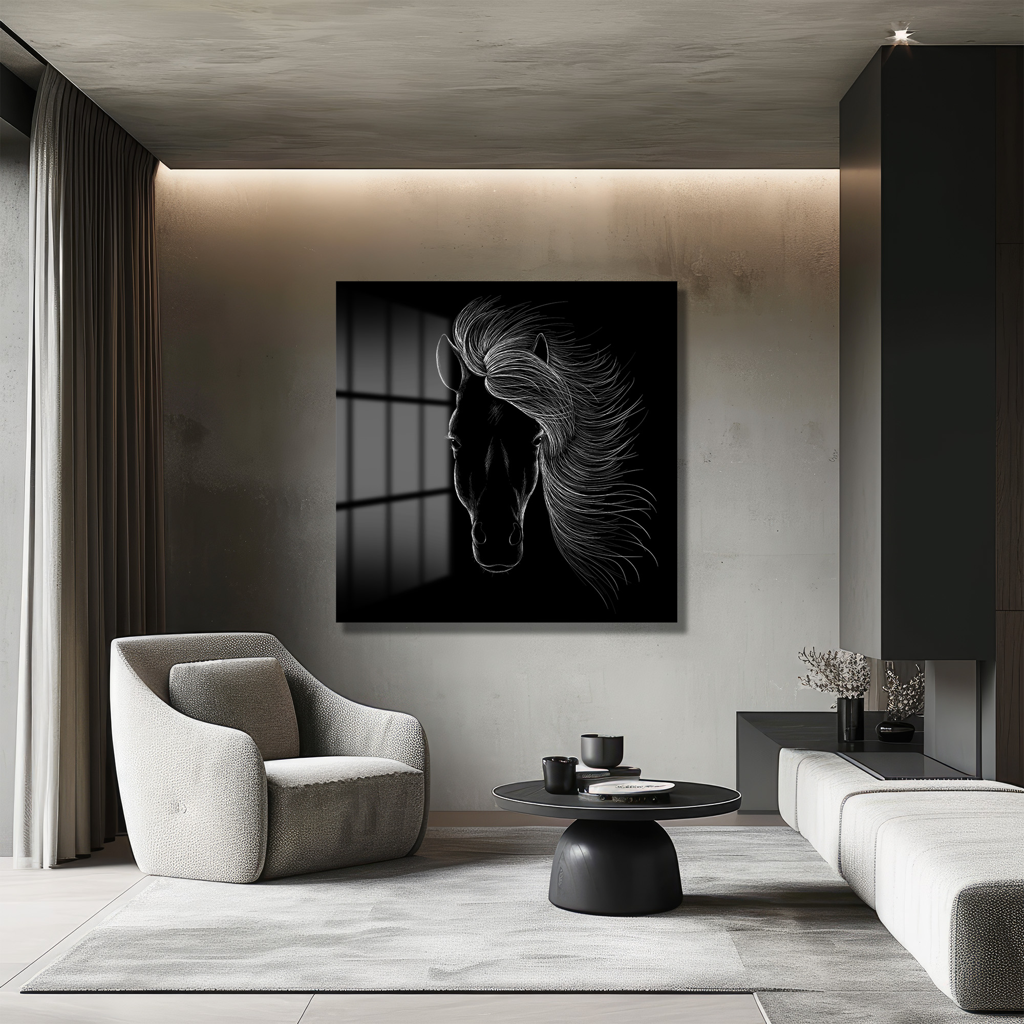 Siyah Beyaz At Portresi Modern Cam Tablo Duvar Dekoru Siyah Beyaz At Portresi Modern Cam Tablo - Görsel 4