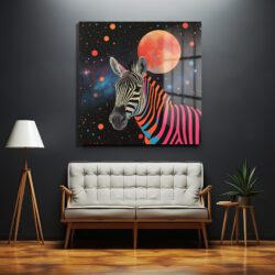 Uzaydaki Neon Zebra Temalı Dekoratif Cam Tablo Duvar Dekoru Uzaydaki Neon Zebra Temalı Dekoratif Cam Tablo Dekoratif Cam Tablo