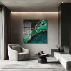 Zümrüt Yeşili ve Altın Damarlı Soyut Modern Cam Tablo Duvar Dekoru Zümrüt Yeşili ve Altın Damarlı Soyut Modern Cam Tablo Dekoratif Cam Tablo