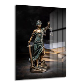 Karanlık bir arka planda, gözleri bağlı, bir elinde terazi, diğer elinde kılıç tutan, ayaklarının dibinde yılan olan bronz renkli Themis (Adalet Tanrıçası) heykeli ve arka planda kitaplar bulunan cam tablo.