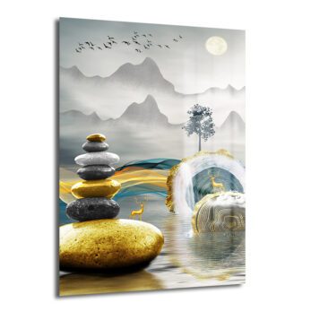 Zen Dengesi ve Altın Geyikler Modern Manzara Cam Tablo - Glazella