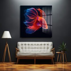 Ateş ve Buz Betta Balığı Cam Tablo - Neon Işıltılı Sanat Duvar Dekoru Ateş ve Buz Betta Balığı Cam Tablo - Neon Işıltılı Sanat Dekoratif Cam Tablo