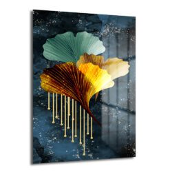 Koyu lacivert fon üzerinde üç adet stilize ginkgo yaprağının yer aldığı modern cam tablo. Yapraklardan biri teal, biri parlak altın sarısı, diğeri ise krem rengidir. Altın sarısı yapraktan aşağıya doğru sarkan altın renkli damlalar ve fon üzerindeki beyaz benekler detayıyla soyut bir tasarımdır.