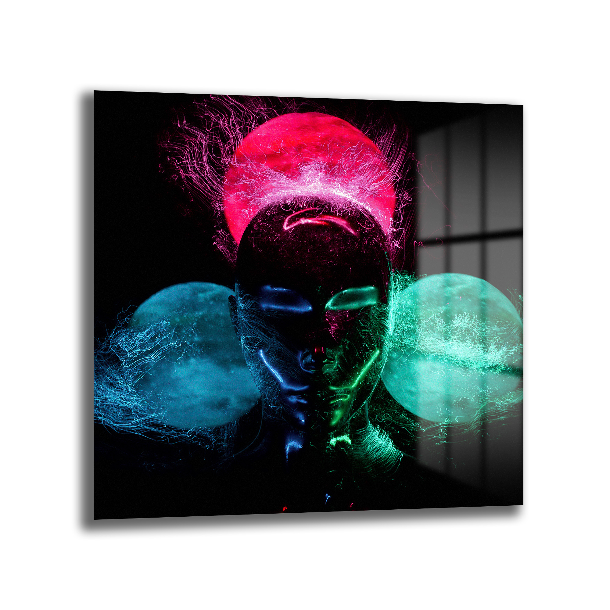 Fütüristik Neon Enerji İnsan Figürü Cam Tablo Duvar Dekoru Karanlık bir arka plan üzerinde, neon pembe, elektrik mavisi ve canlı yeşil ışıklarla aydınlatılmış, soyut ve fütüristik bir insan figürünün başını gösteren cam tablo. Figürün etrafında ışık izleri ve dairesel enerji alanları bulunuyor.
