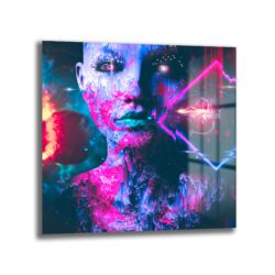 Siber Gelecek Kadın Portresi Cam Tablo - Glitch ve Neon Sanatı - Glazella
