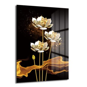 Lüks Altın Lotus Çiçekleri Cam Tablo | Modern Duvar Sanatı - Glazella
