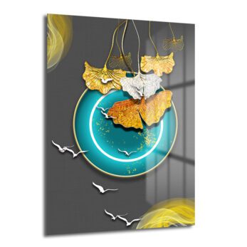 Ginkgo Yaprakları ve Teal Çemberli Modern Sanat Cam Tablo - Glazella
