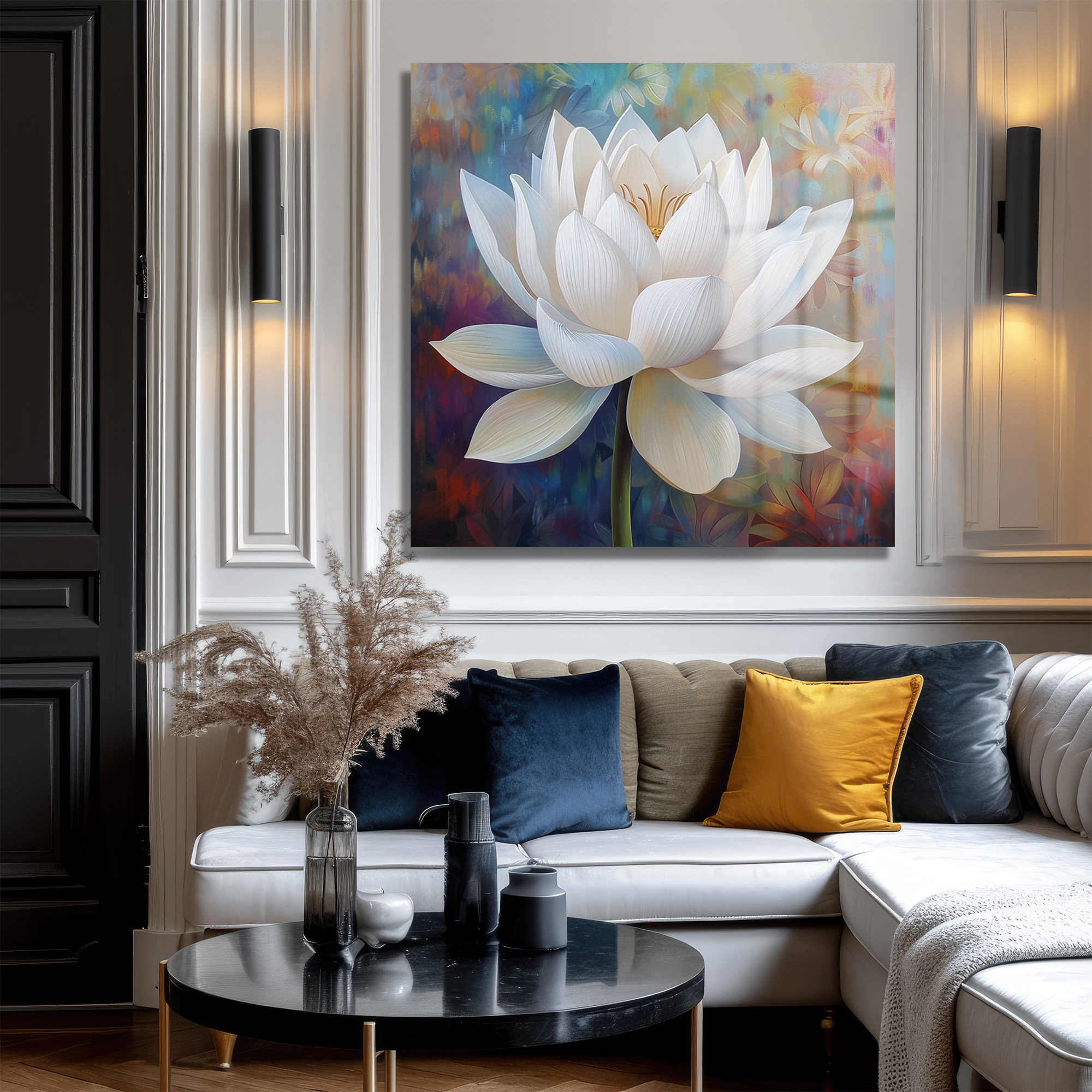 Zarif Beyaz Lotus Çiçeği Modern Sanat Cam Tablo - Glazella Zarif Beyaz Lotus Çiçeği Modern Sanat Cam Tablo - Glazella
