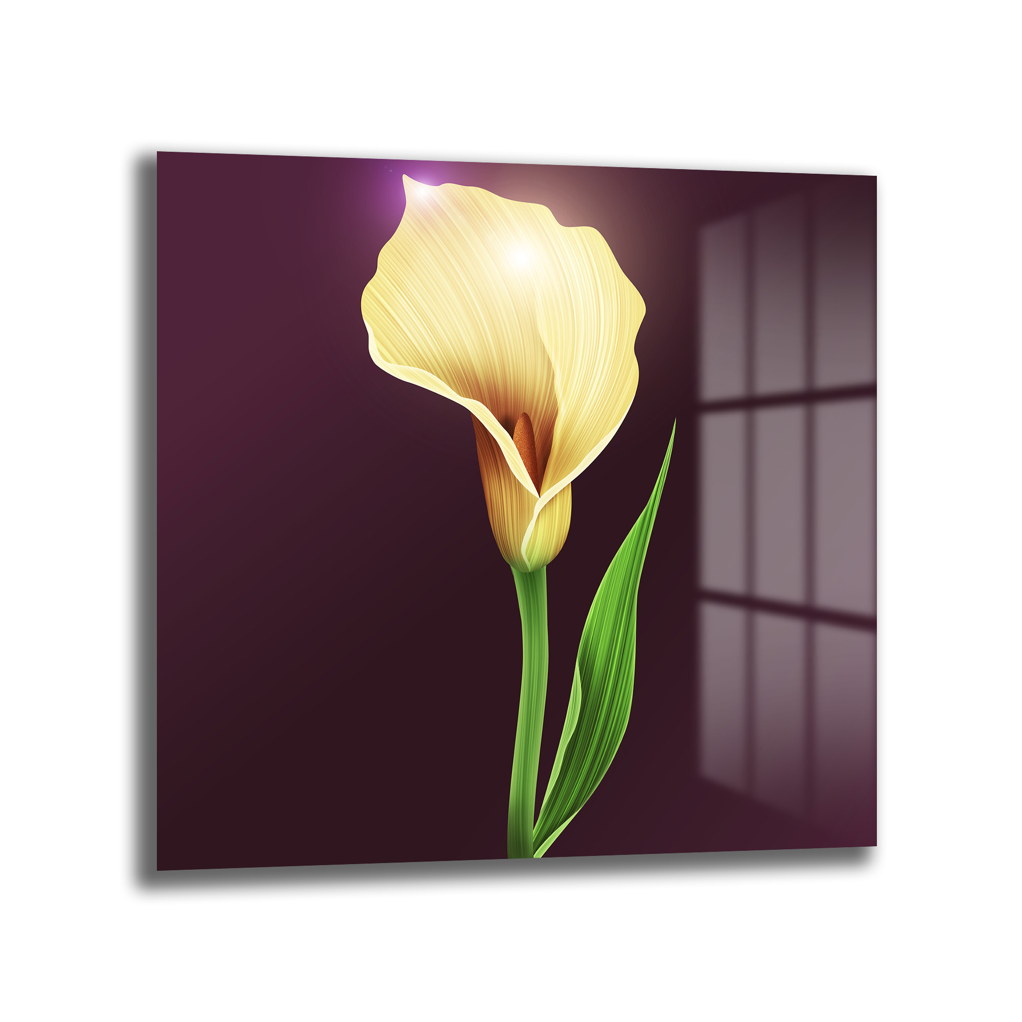 Işıltılı Sarı Calla Zambak Modern Cam Tablo Duvar Dekoru Koyu mor bir arka plan üzerinde parlak sarı bir Calla zambağı çiçeği ve yeşil sapı bulunan, yüzeyinde ışık yansımaları olan estetik bir cam tablo görseli.