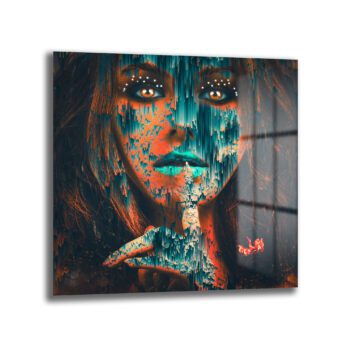 Gizemli Glitch Sanatı Kadın Portresi Cam Tablo - Glazella