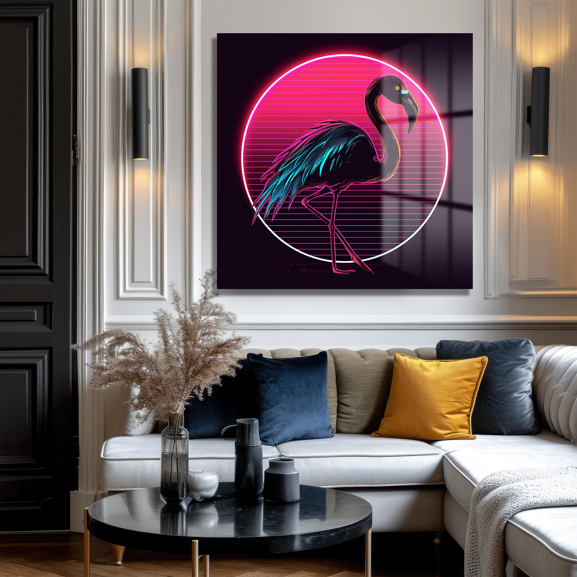 Neon Flamingo Rüyası: Synthwave Estetiğinde Cam Tablo Duvar Dekoru Neon Flamingo Rüyası: Synthwave Estetiğinde Cam Tablo - Görsel 3