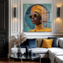 Şık Altın Turbanlı Kadın Sanat Cam Tablo Dekoratif Cam Tablo
