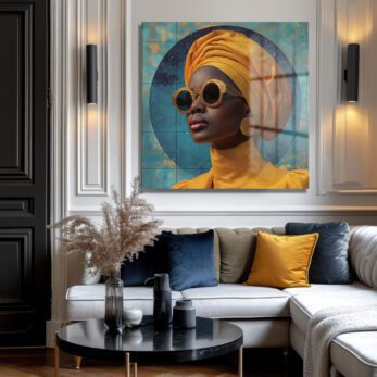 Şık Altın Turbanlı Kadın Sanat Cam Tablo - Glazella Şık Altın Turbanlı Kadın Sanat Cam Tablo - Glazella