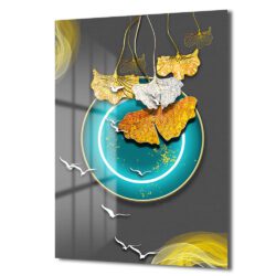 Ginkgo Yaprakları ve Teal Çemberli Modern Sanat Cam Tablo Duvar Dekoru Ginkgo Yaprakları ve Teal Çemberli Modern Sanat Cam Tablo Dekoratif Cam Tablo