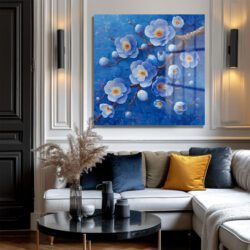 Mavi Çiçekler Doku Sanat Cam Tablo Duvar Dekoru Mavi Çiçekler Doku Sanat Cam Tablo Dekoratif Cam Tablo