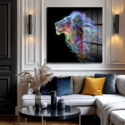 Majestik Neon Aslan Dijital Sanat Cam Tablo Duvar Dekoru Majestik Neon Aslan Dijital Sanat Cam Tablo Dekoratif Cam Tablo