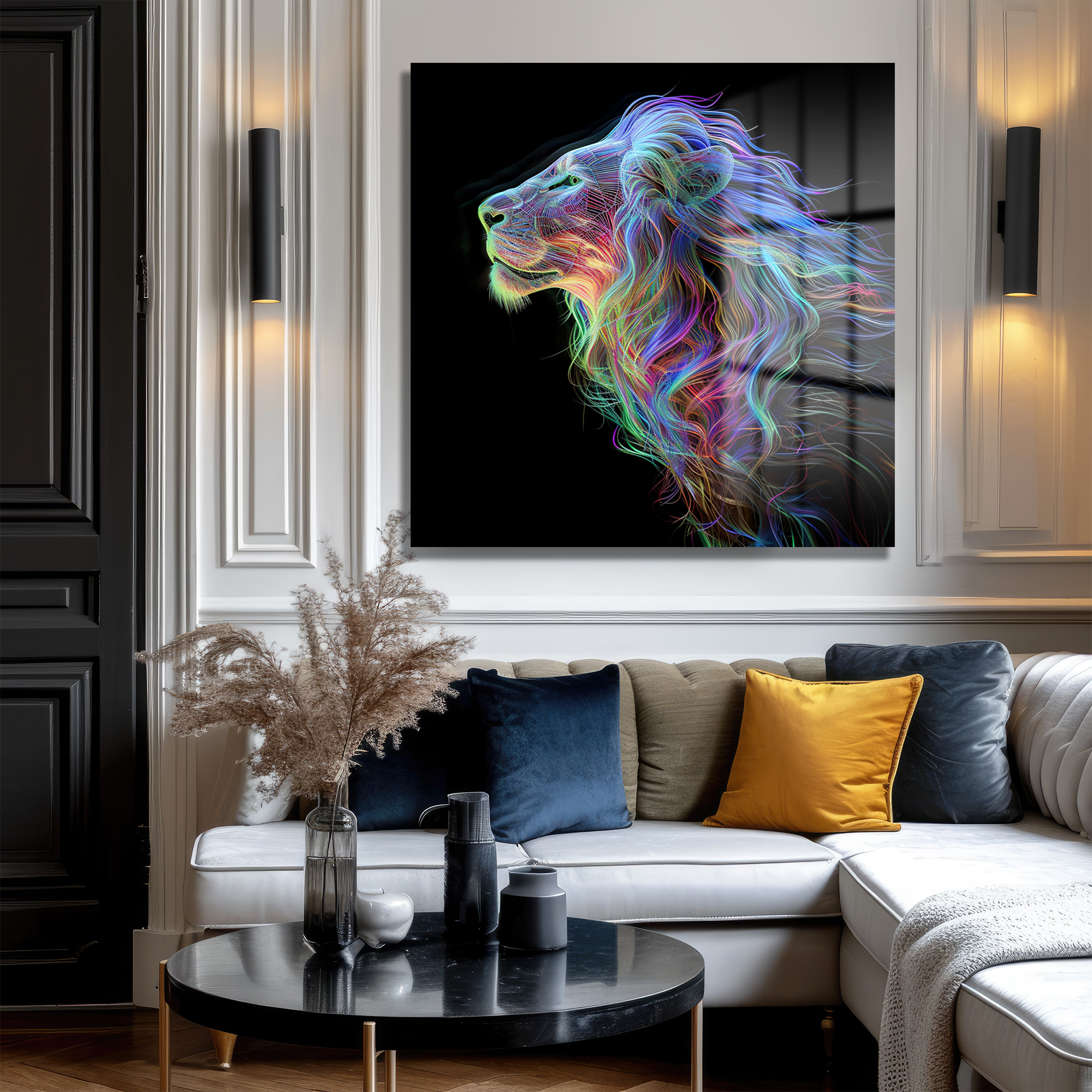 Majestik Neon Aslan Dijital Sanat Cam Tablo Duvar Dekoru Majestik Neon Aslan Dijital Sanat Cam Tablo - Görsel 3