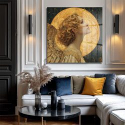 Ethereal Işıltı: Altın Melek Temalı Cam Tablo Duvar Dekoru Ethereal Işıltı: Altın Melek Temalı Cam Tablo Dekoratif Cam Tablo