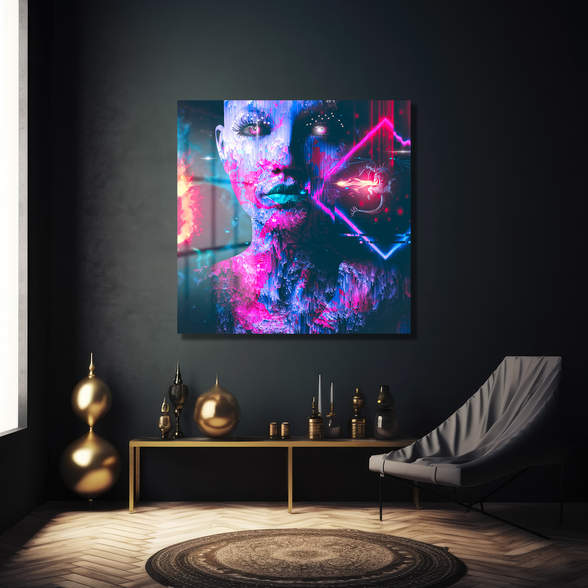 Siber Gelecek Kadın Portresi Cam Tablo - Glitch ve Neon Sanatı Duvar Dekoru Siber Gelecek Kadın Portresi Cam Tablo - Glitch ve Neon Sanatı - Görsel 2