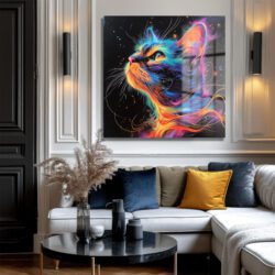Göz Kamaştıran Neon Kedi Sanatı Cam Tablo Duvar Dekoru Göz Kamaştıran Neon Kedi Sanatı Cam Tablo Dekoratif Cam Tablo