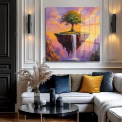 Yüzen Ada ve Şelale Manzaralı Fantastik Cam Tablo Duvar Dekoru Yüzen Ada ve Şelale Manzaralı Fantastik Cam Tablo Dekoratif Cam Tablo