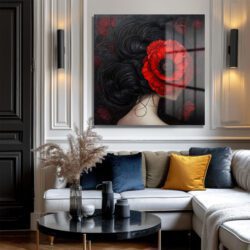 Gizemli Kırmızı Haşhaşlı Kadın Sanat Cam Tablo Duvar Dekoru Gizemli Kırmızı Haşhaşlı Kadın Sanat Cam Tablo Dekoratif Cam Tablo