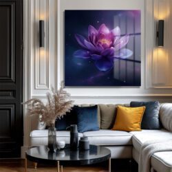Kozmik Lotus Işıltısı Mor Çiçekli Dekoratif Cam Tablo Duvar Dekoru Kozmik Lotus Işıltısı Mor Çiçekli Dekoratif Cam Tablo Dekoratif Cam Tablo