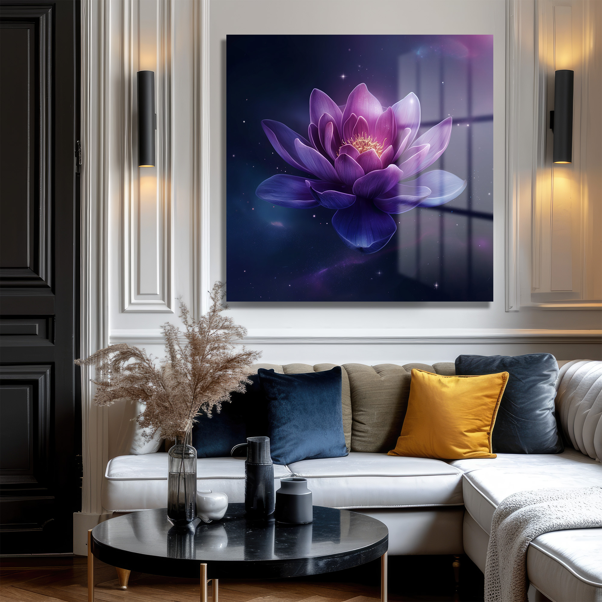 Kozmik Lotus Işıltısı Mor Çiçekli Dekoratif Cam Tablo Duvar Dekoru Kozmik Lotus Işıltısı Mor Çiçekli Dekoratif Cam Tablo - Görsel 3