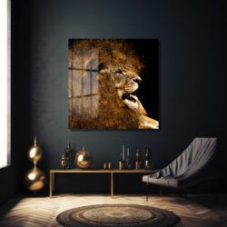 Altın Parçacıklı Kükreyen Aslan Cam Tablo Duvar Dekoru Altın Parçacıklı Kükreyen Aslan Cam Tablo Dekoratif Cam Tablo