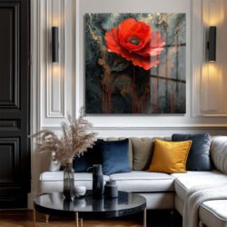 Dramatik Kırmızı Haşhaş Çiçeği Soyut Gold Detaylı Cam Tablo Duvar Dekoru Dramatik Kırmızı Haşhaş Çiçeği Soyut Gold Detaylı Cam Tablo Dekoratif Cam Tablo