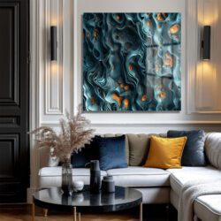 Gizemli Teal ve Bakır Akışlar Modern Cam Tablo Duvar Dekoru Gizemli Teal ve Bakır Akışlar Modern Cam Tablo Dekoratif Cam Tablo
