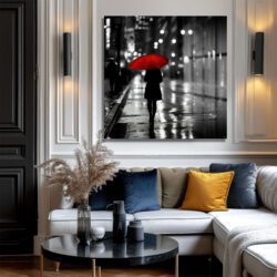 Yağmurlu Şehirde Kırmızı Şemsiye Cam Tablo - Gizemli ve Çarpıcı Sanat Dekoratif Cam Tablo