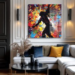 Enerjik Dansçı Silüeti Cam Tablo - Renk Patlaması Modern Sanat Dekoratif Cam Tablo