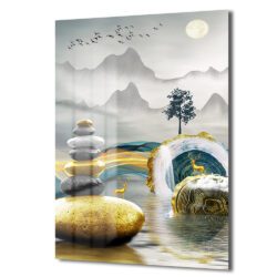 Zen Dengesi ve Altın Geyikler Modern Manzara Cam Tablo Duvar Dekoru Zen Dengesi ve Altın Geyikler Modern Manzara Cam Tablo Dekoratif Cam Tablo